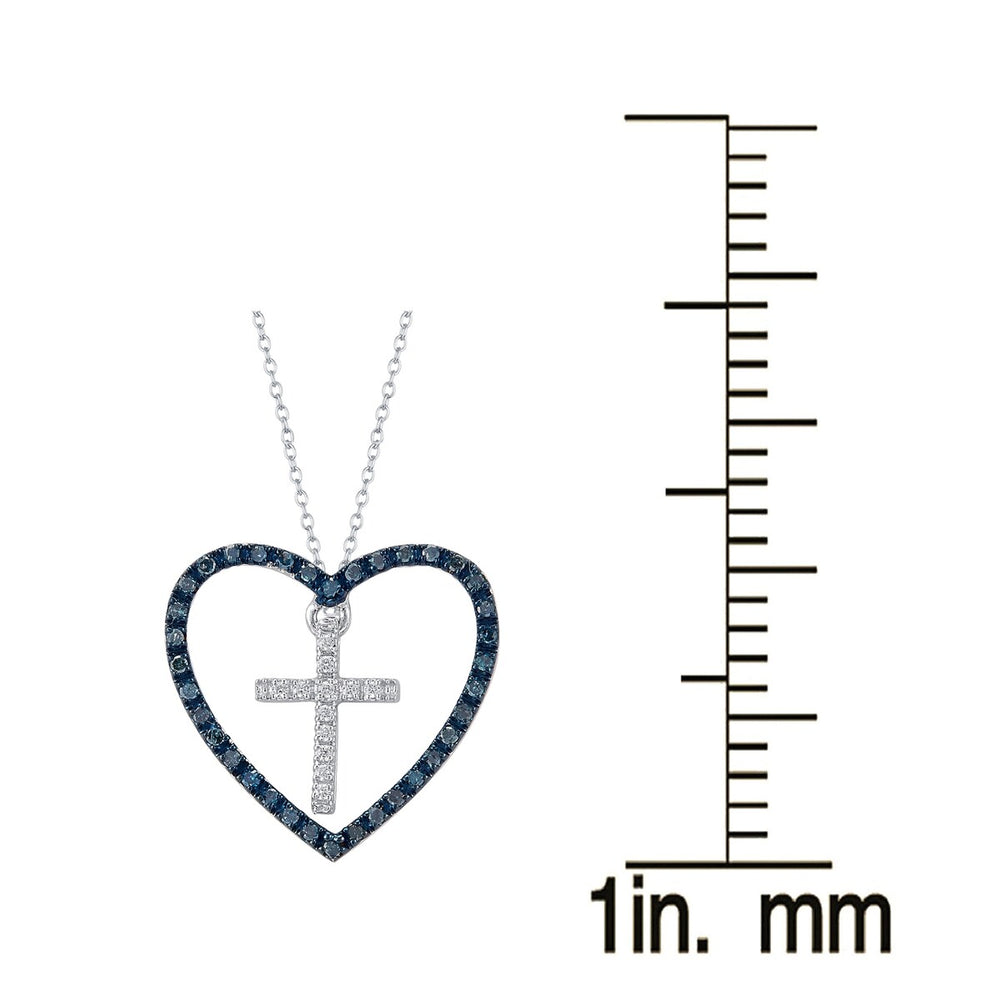 Sterling Silver 0.25Ct Blue & White Diamond Heart Shape Cross Pendant