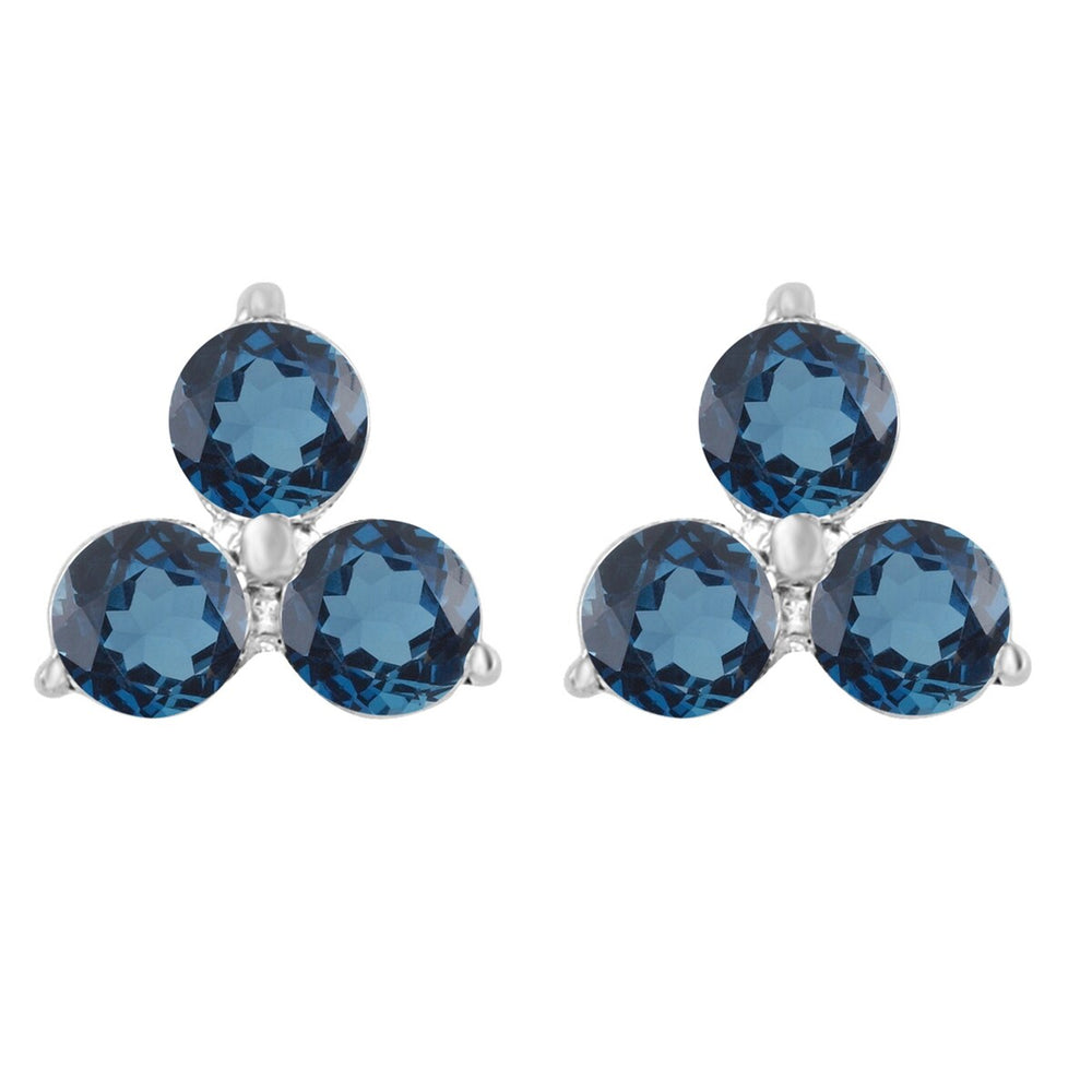 Sterling Silver 0.45Ct Natural London Blue Topaz 3- Stone Stud Earrings