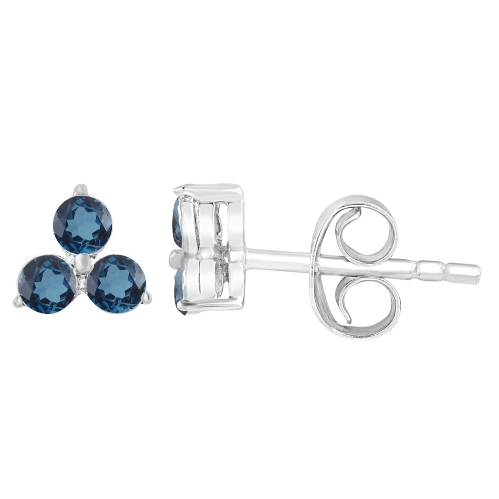 Sterling Silver 0.45Ct Natural London Blue Topaz 3- Stone Stud Earrings