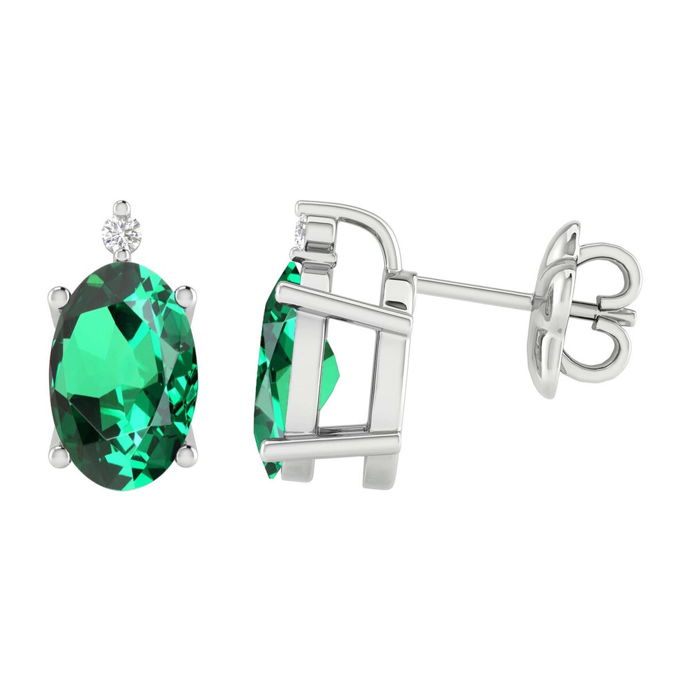 Sterling Silver 0.80Ct Emerald and White Diamond Stud Earrings