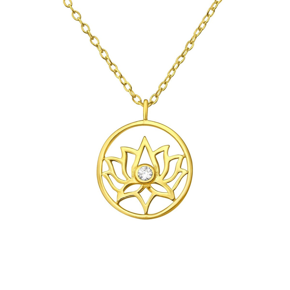 Sterling Silver 18k Gold-Plated Lotus Round Pendant Necklace with Cubic Zirconia - White