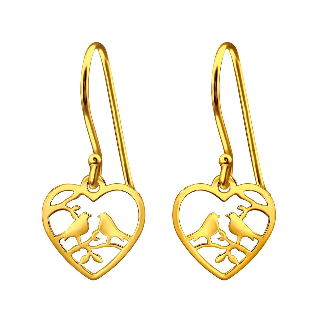 Sterling Silver 18k Gold-Plated Love Bird Heart Drop Earrings