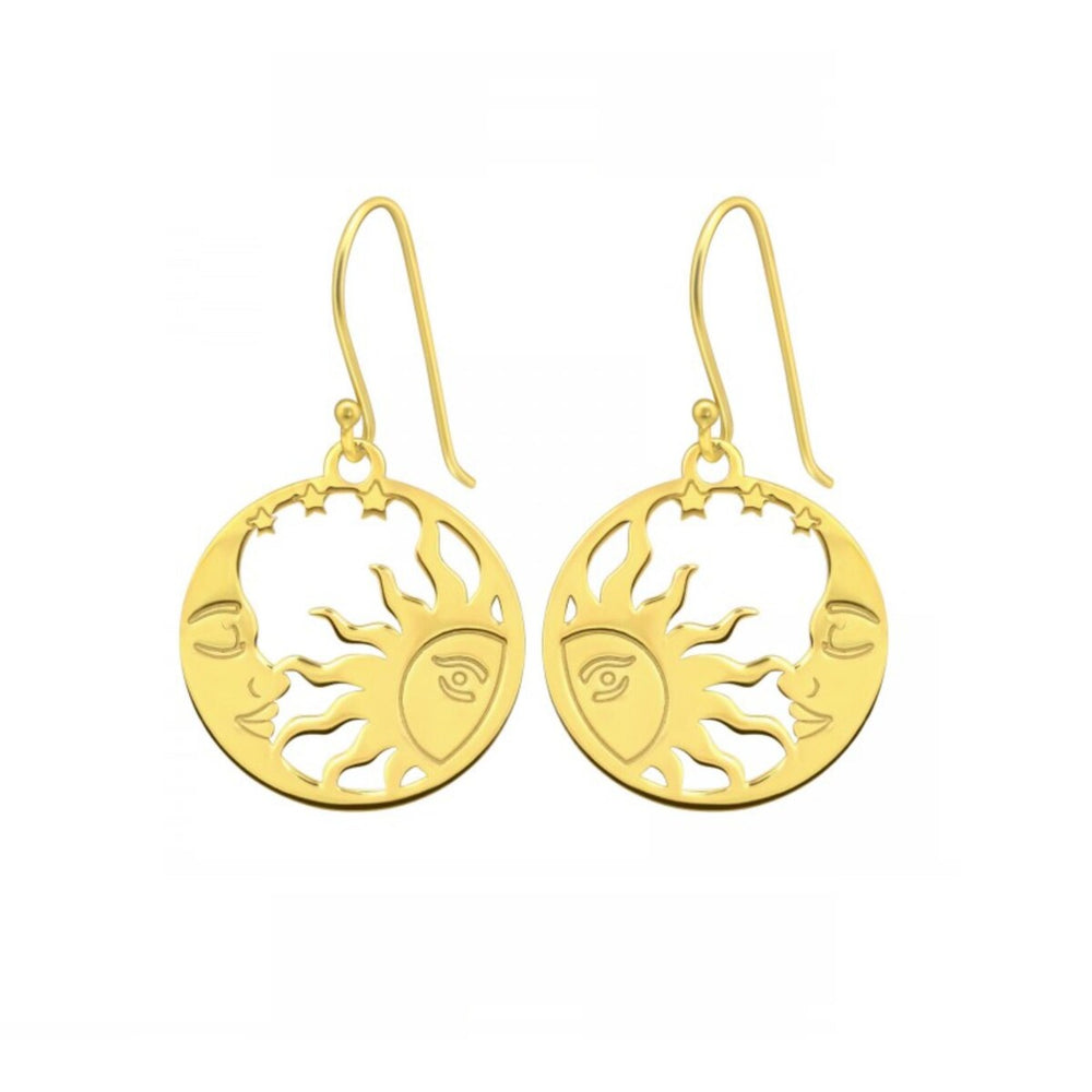 Sterling Silver 18k Gold-Plated Sun Moon Circular Drop Earrings