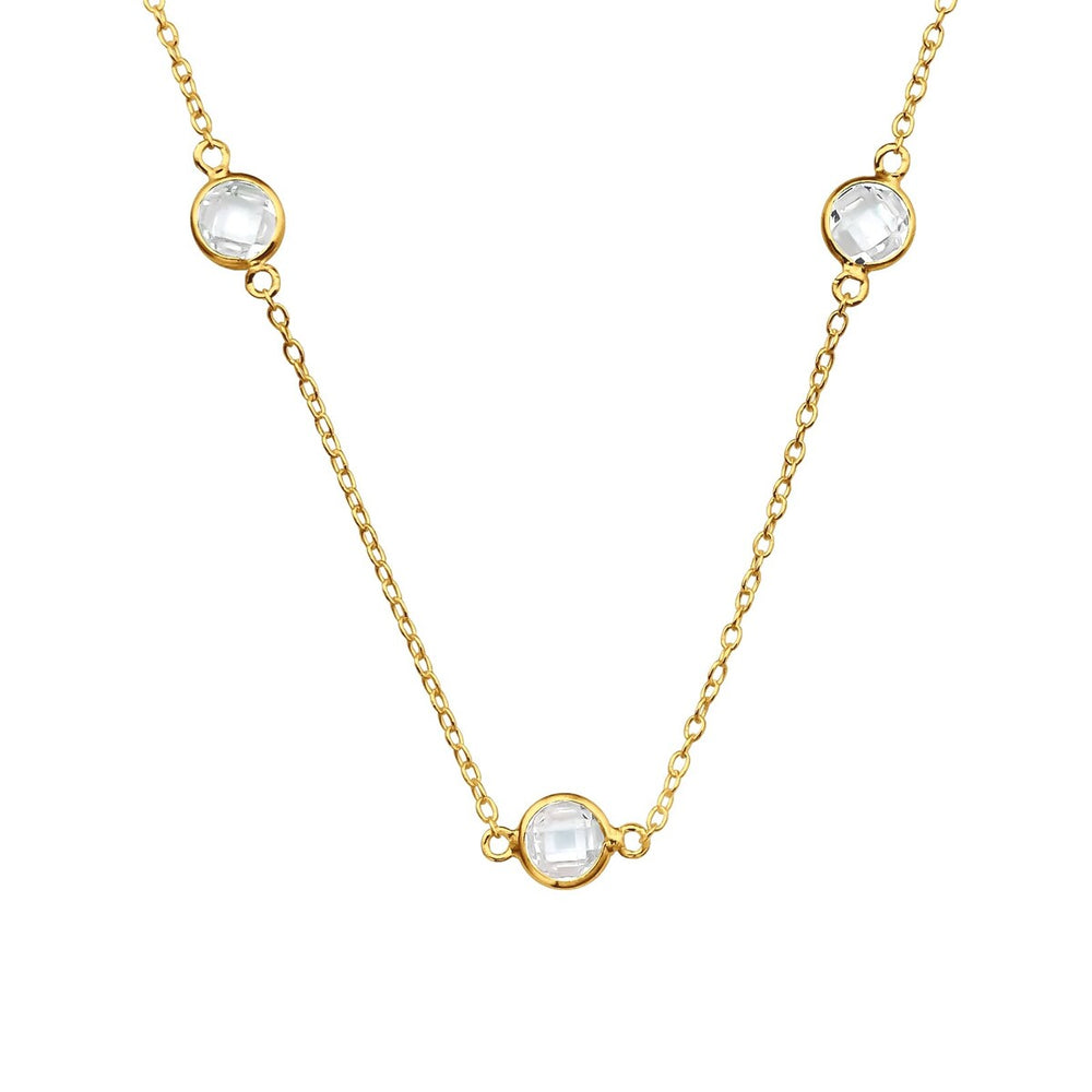 Sterling Silver 18kt Gold Plated Station Chain with 3 Checkered Dainty Crystals - White