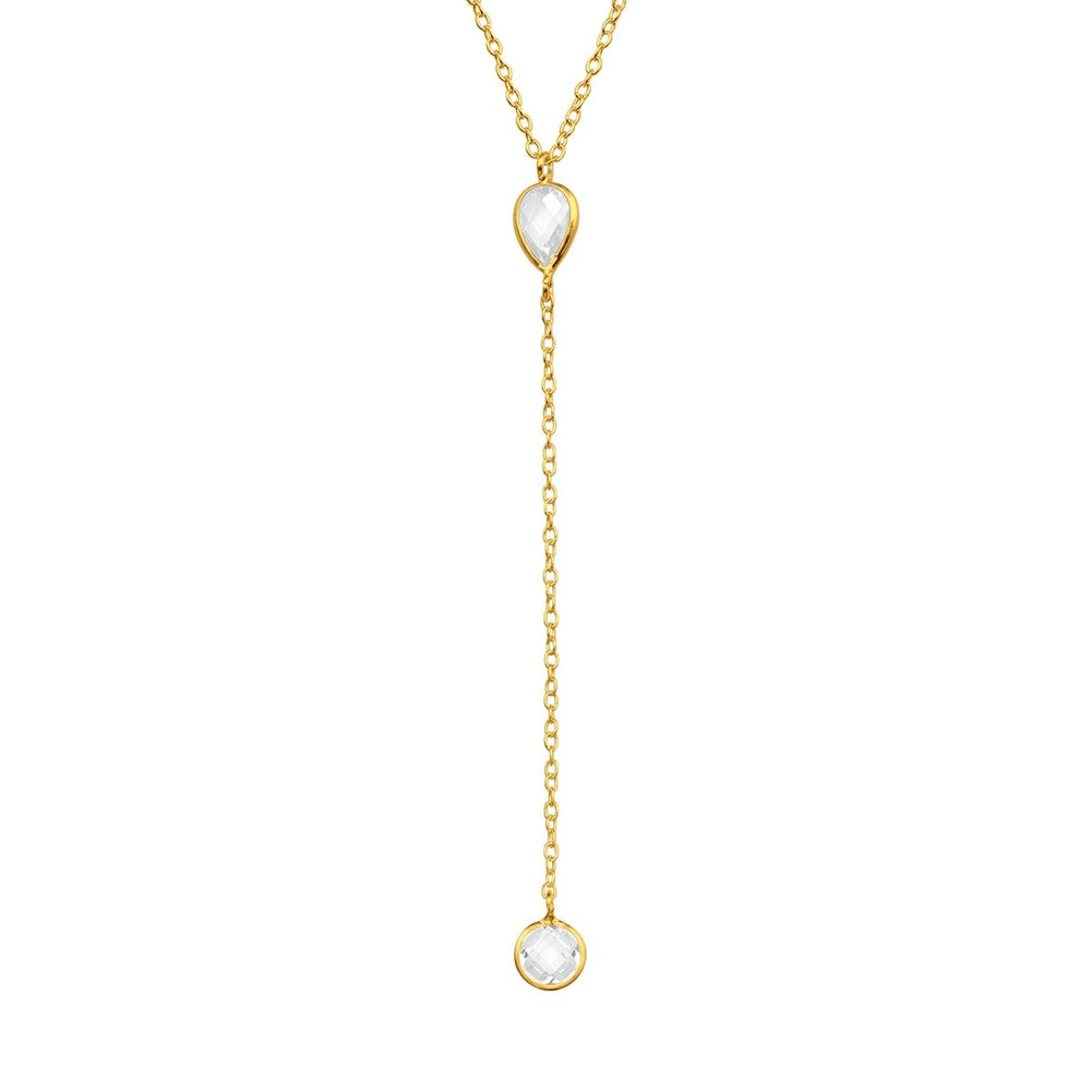 Sterling Silver 18kt Gold Plated Teardrop and Solitaire Y Necklace - White