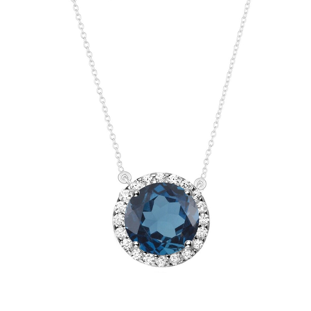 Sterling Silver 2.00Ct Natural London Blue Topaz and White Topaz Halo Pendant