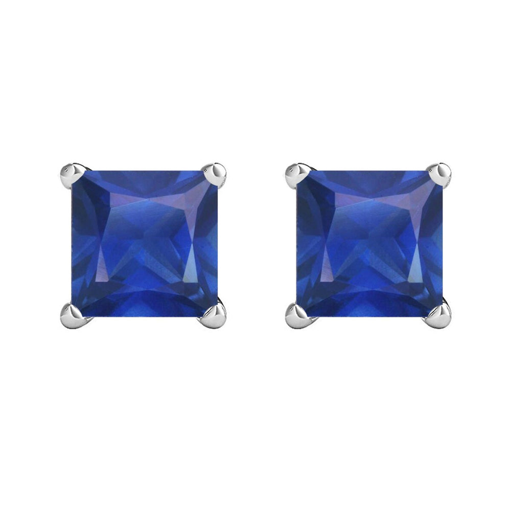 Sterling Silver 2.50CT Blue Sapphire Square Stud Earrings