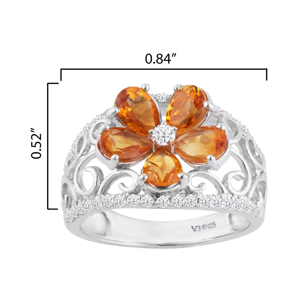 Sterling Silver 3.00Ct Natural Citrine and White Zircon Flower Ring