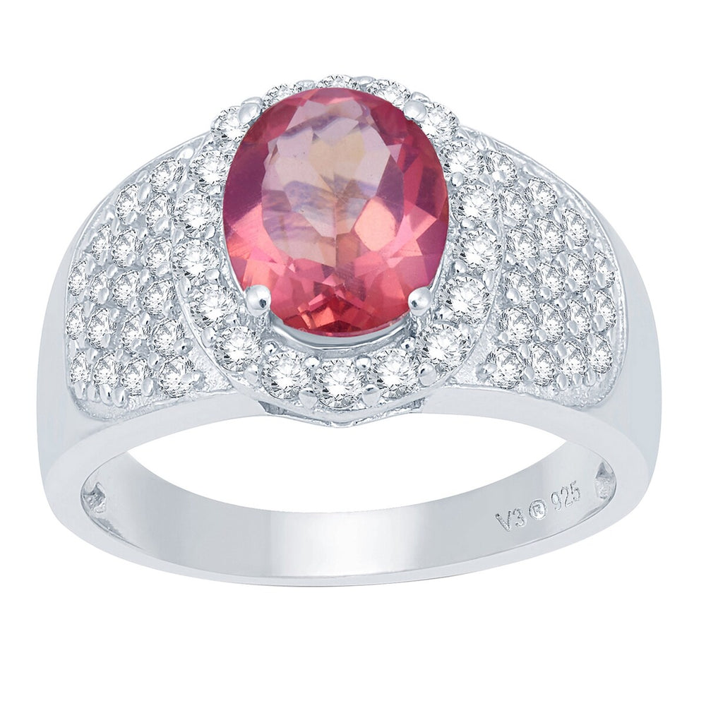 Sterling Silver 3.40Ct Pink Topaz and Natural White Topaz Halo Ring