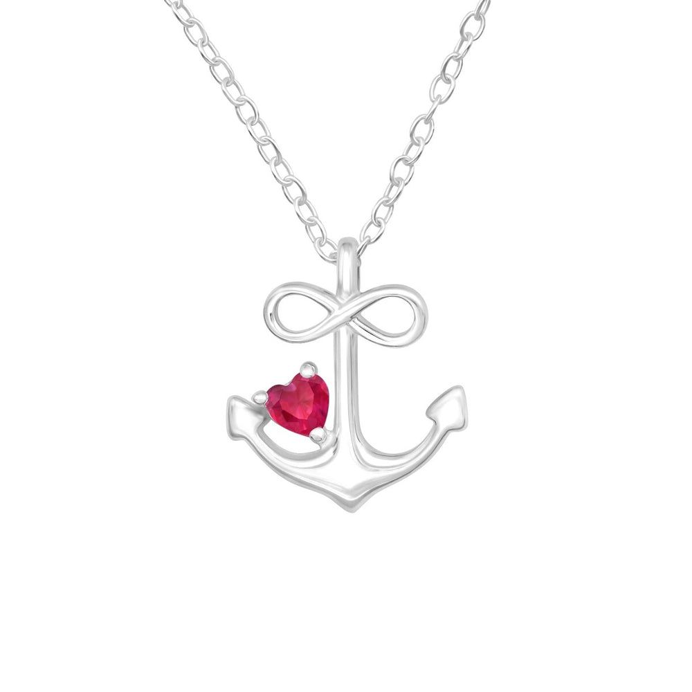 Sterling Silver Anchor Infinity Pendant Necklace with Ruby Red Heart Cubic Zirconia - White