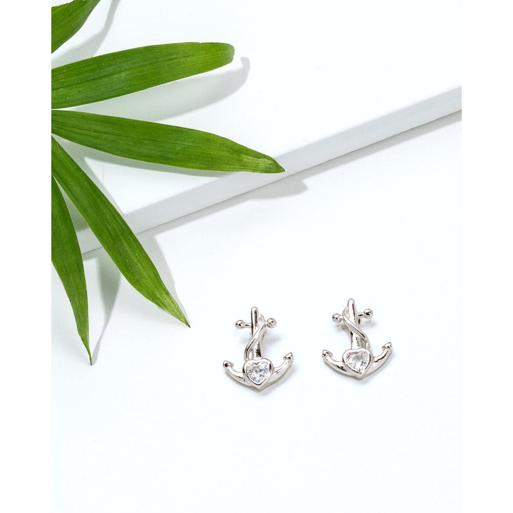 Sterling Silver Anchor Stud Earrings with Heart Cubic Zirconia Accent