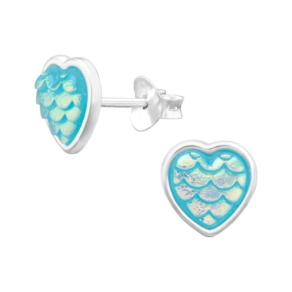 Sterling Silver Aqua Blue Resin Mermaid Scales Heart Stud Earrings