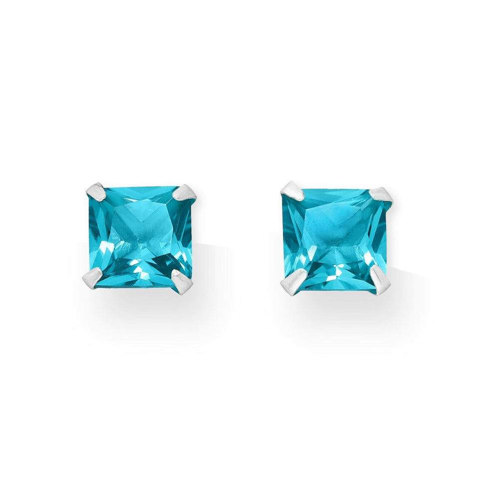 Sterling Silver Aqua Cubic Zirconia Square Prong Set Stud Earrings