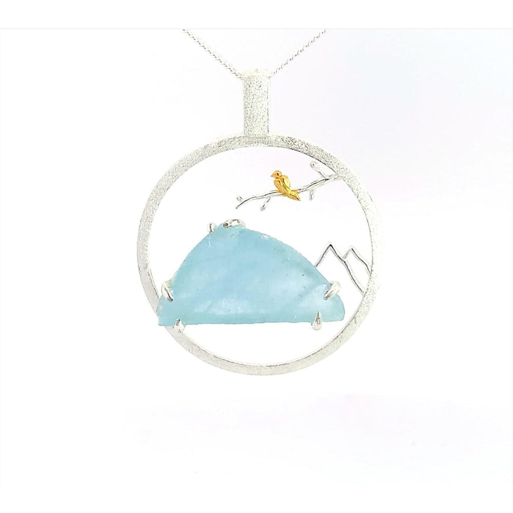 Sterling Silver Aquamarine Mountain Scenery with Gold Bird Pendant Necklace - White