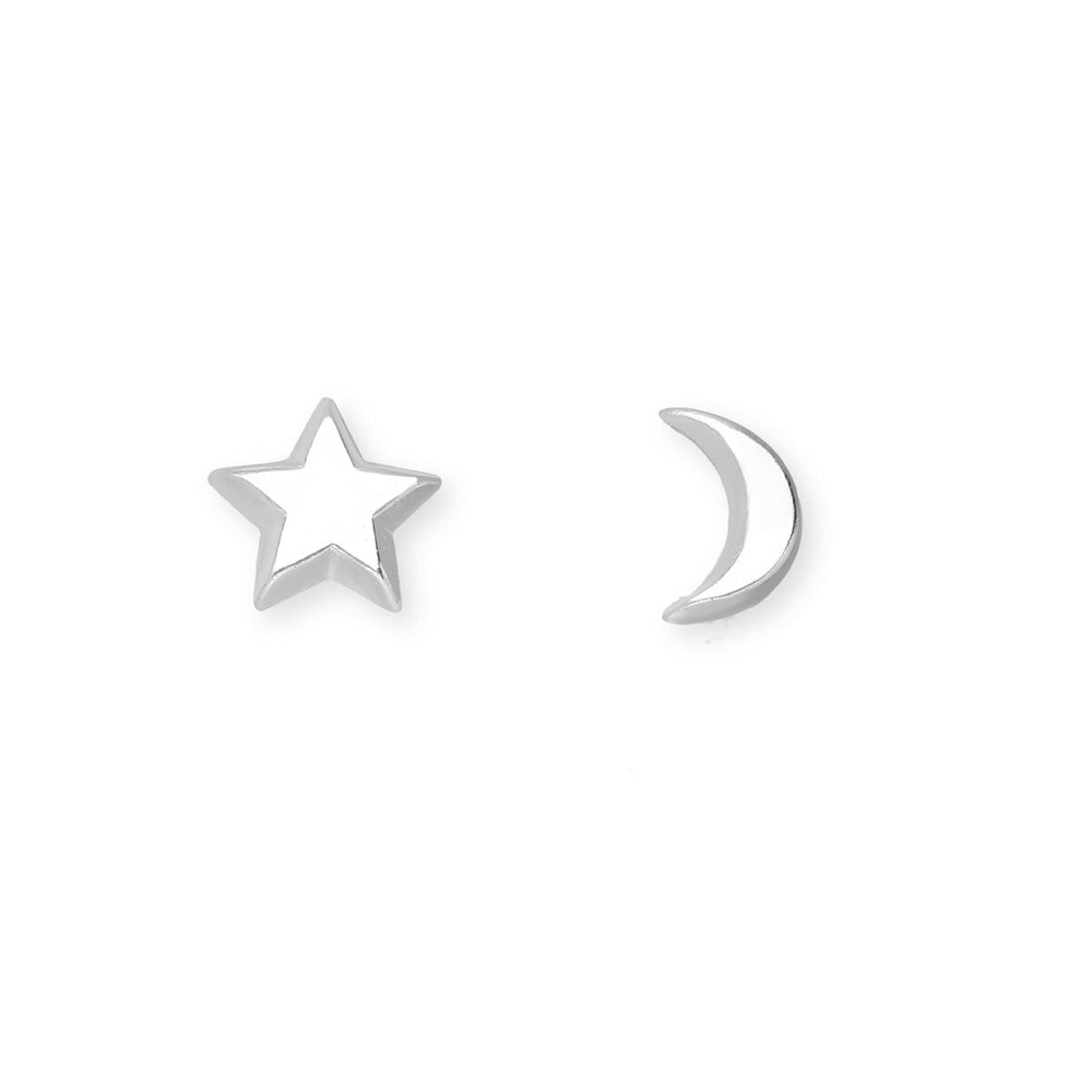 Sterling Silver Asymmetrical Moon Star Stud Earrings