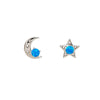 Sterling Silver Asymmetrical Moon & Star Stud Earrings with Blue Lab-Created Opal