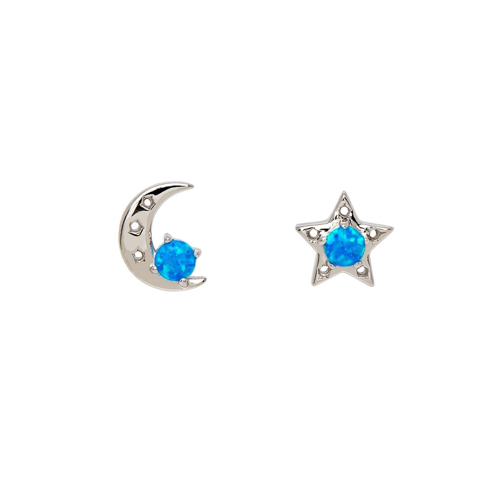 Sterling Silver Asymmetrical Moon & Star Stud Earrings with Blue Lab-Created Opal