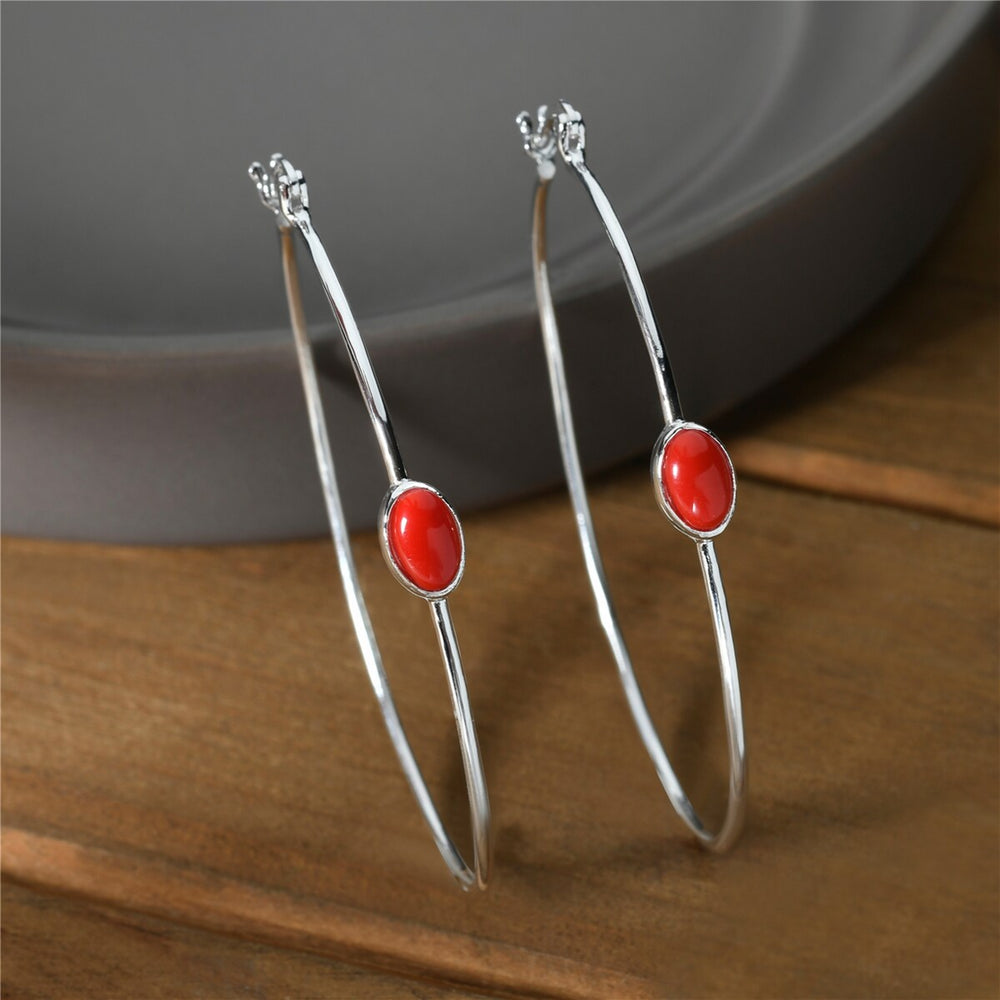 Sterling Silver Big Hoop A Drop of Red Reconstucted Coral