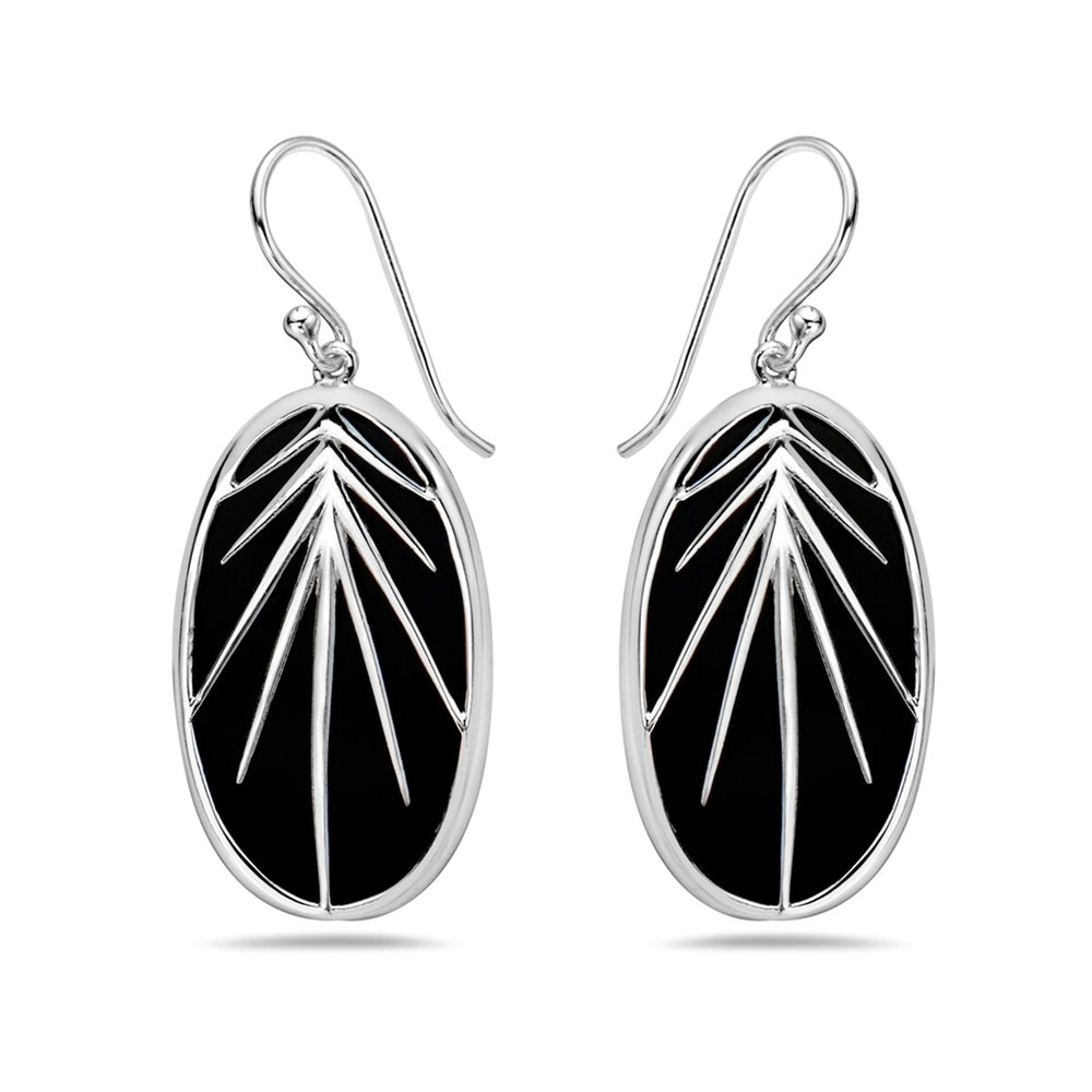 Sterling Silver Big Oval Onyx Radiating Line Earring