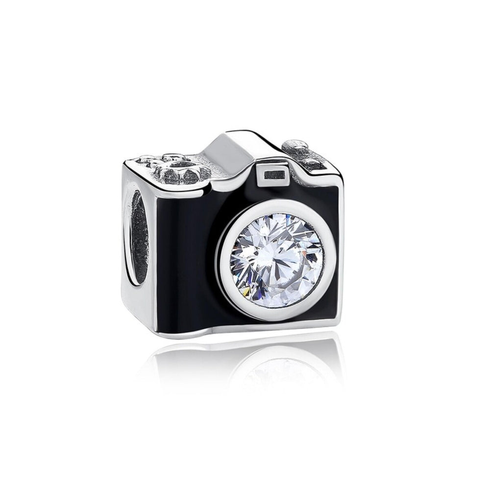 Sterling Silver Black Cubic Zirconia Camera Charm Bead