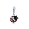 Sterling Silver Black Red Ladybug With Cubic Zirconia Dangle Charm Bead