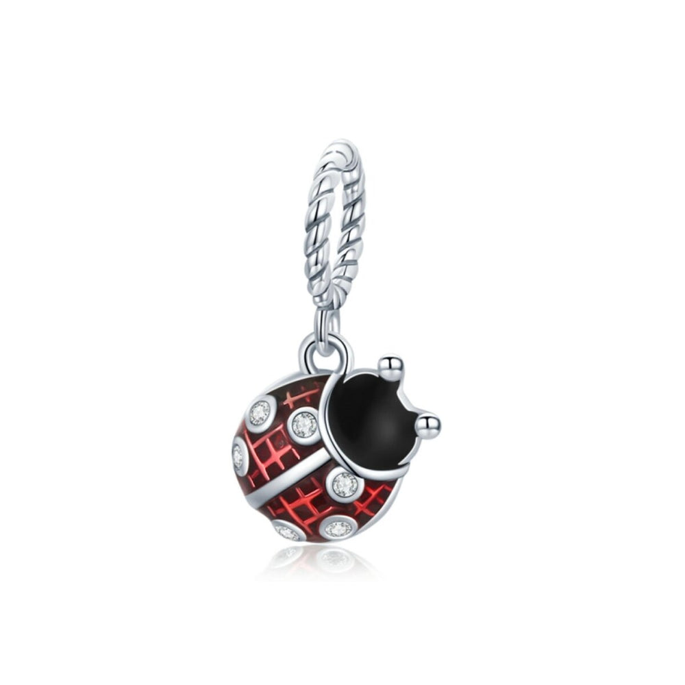 Sterling Silver Black Red Ladybug With Cubic Zirconia Dangle Charm Bead