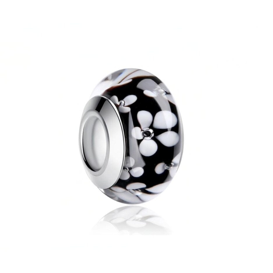 Sterling Silver Black White Floral Glass Bead Charm