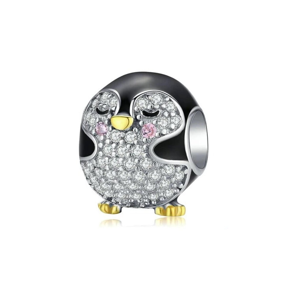 Sterling Silver Black & Clear CZ Pave Cute Penguin Bracelet Charm