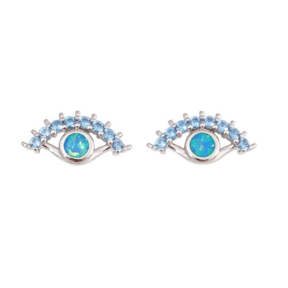 Sterling Silver Blue Cubic Zirconia Opal Eye Stud Earrings