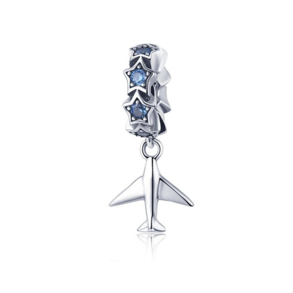 Sterling Silver Blue Cubic Zirconia Stars And Airplane Charm