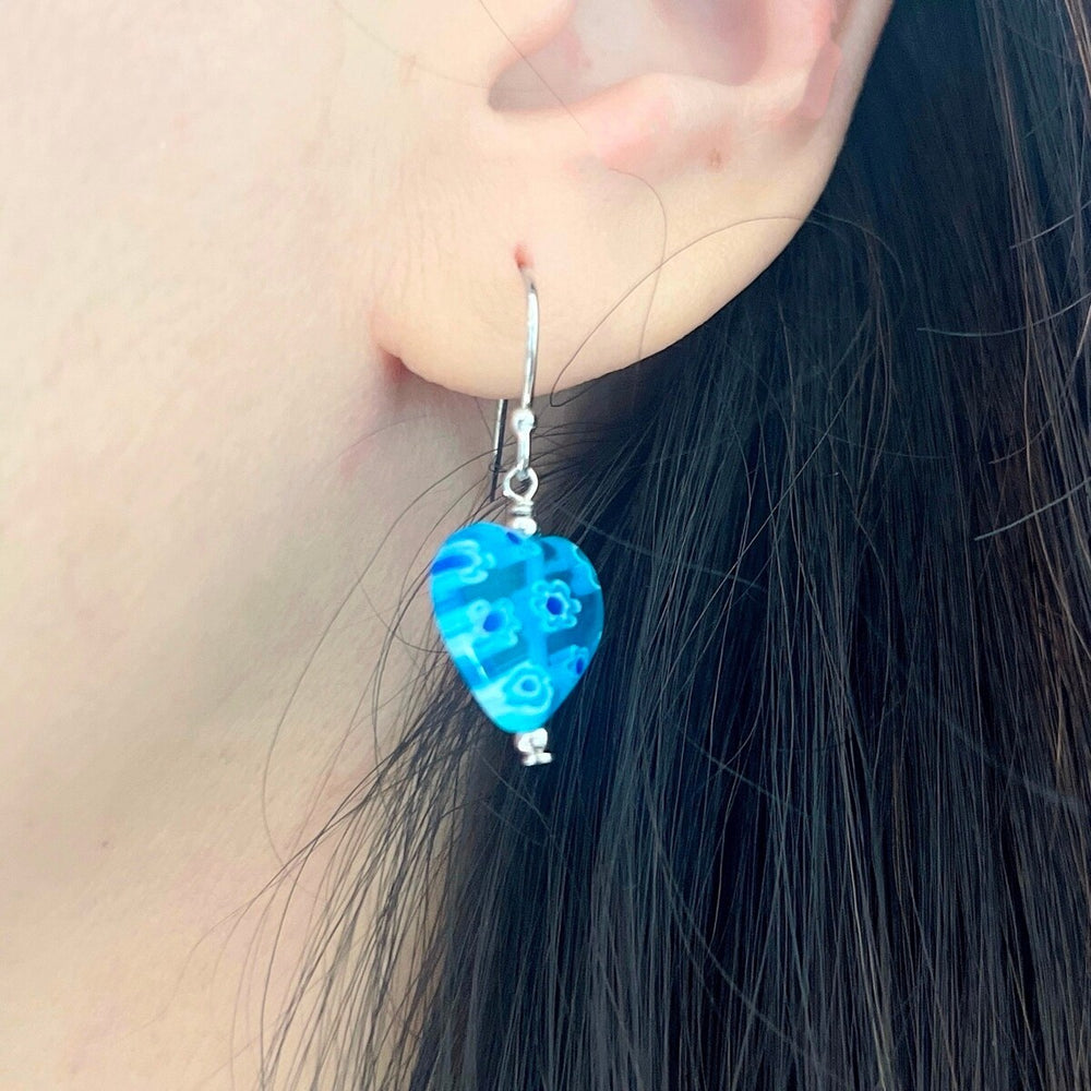 Sterling Silver Blue Flower Murano Glass Heart Shape Earring