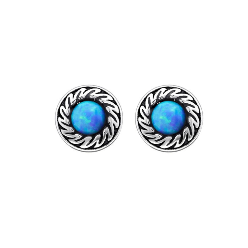 Sterling Silver Blue Opal Circular Stud Earrings