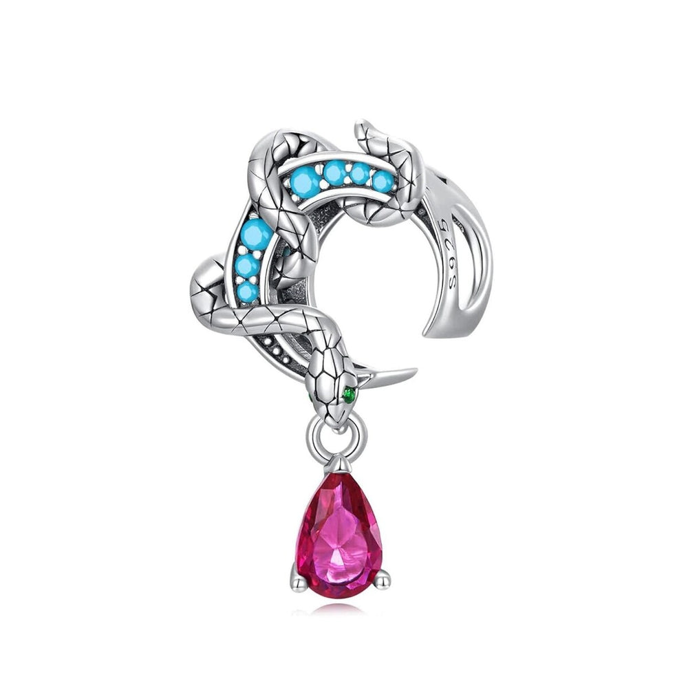 Sterling Silver Blue & Pink CZ Snake Wrapped Around Moon Bracelet Charm