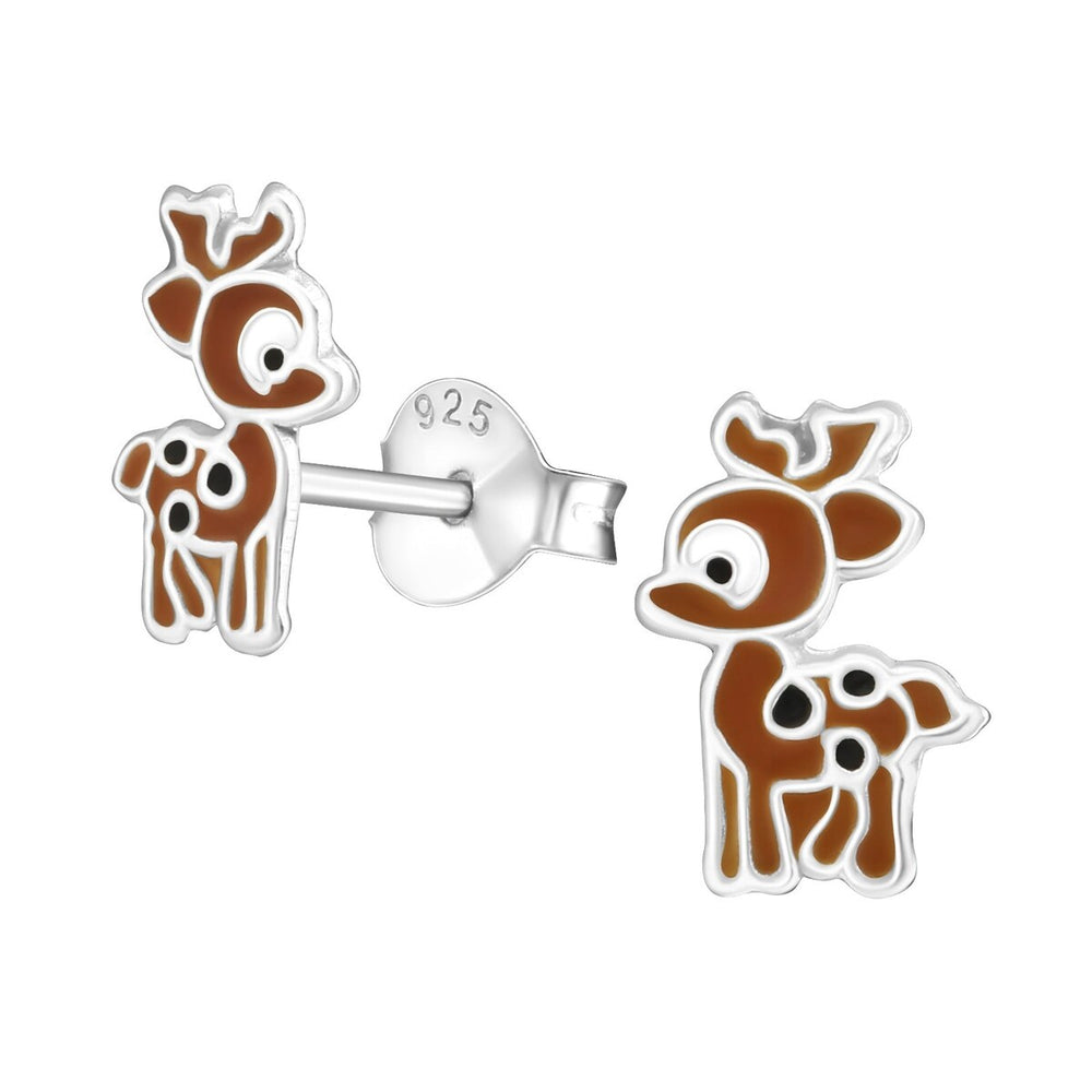 Sterling Silver Brown & Black Little Reindeer Dainty Stud Earrings