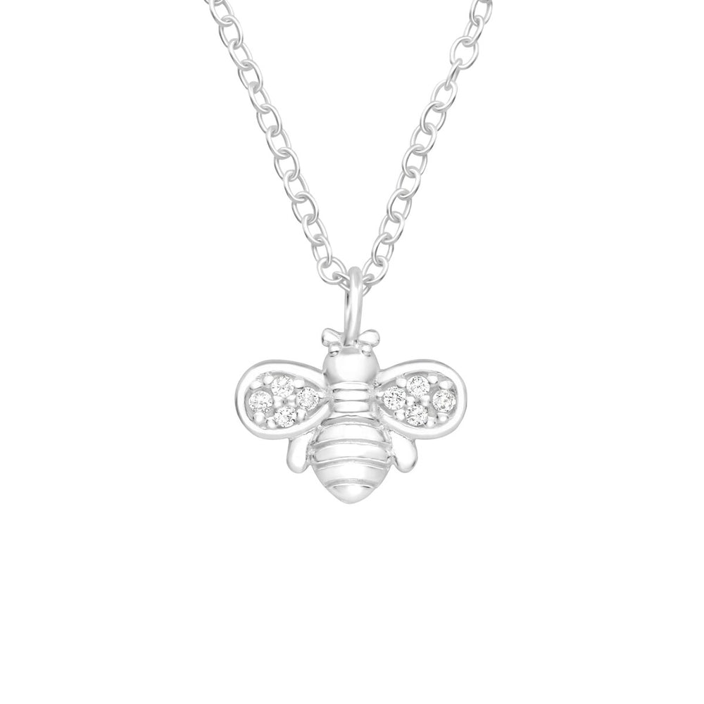 Sterling Silver Bumble Bee Pendant Necklace with Cubic Zirconia - White