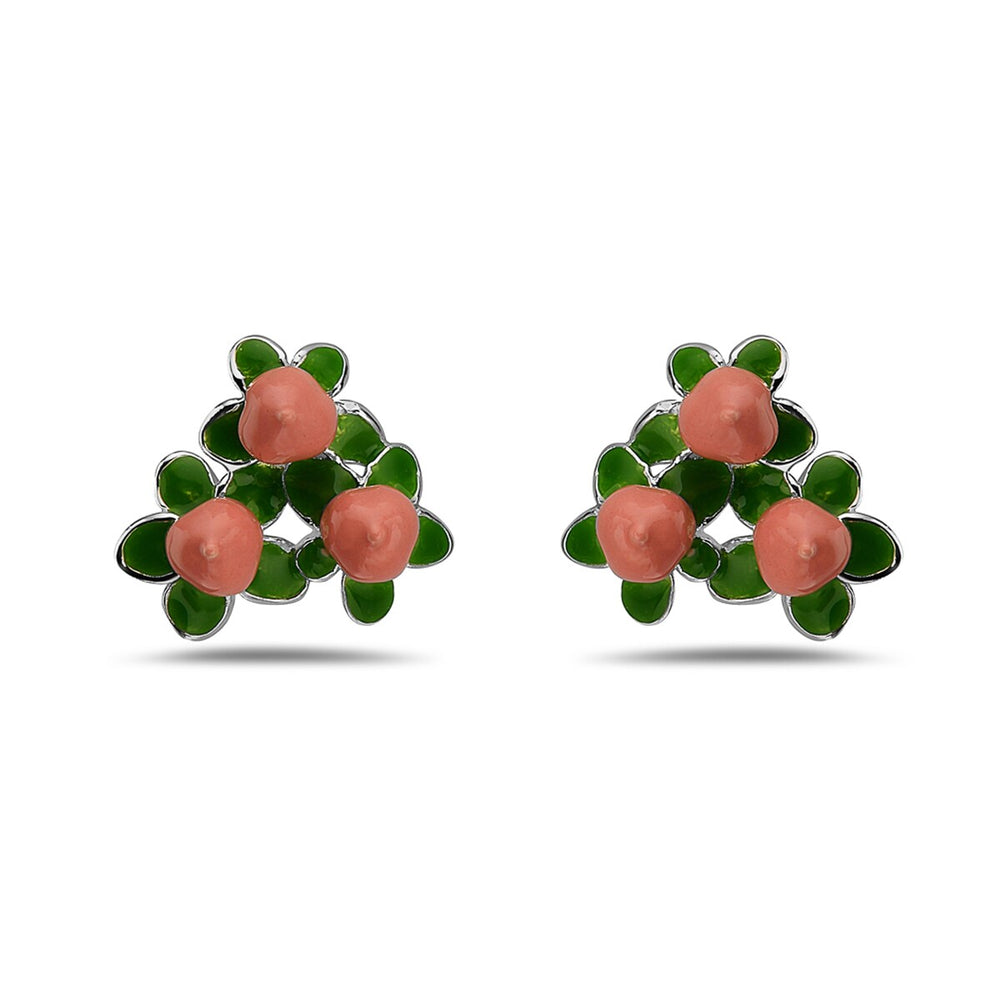 Sterling Silver Button Earring Holly Berry Cluster in Pink and Green