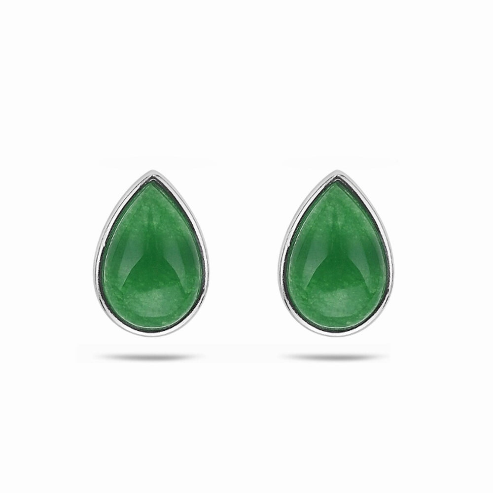 Sterling Silver Button Teardrop Green Jade Post Earring