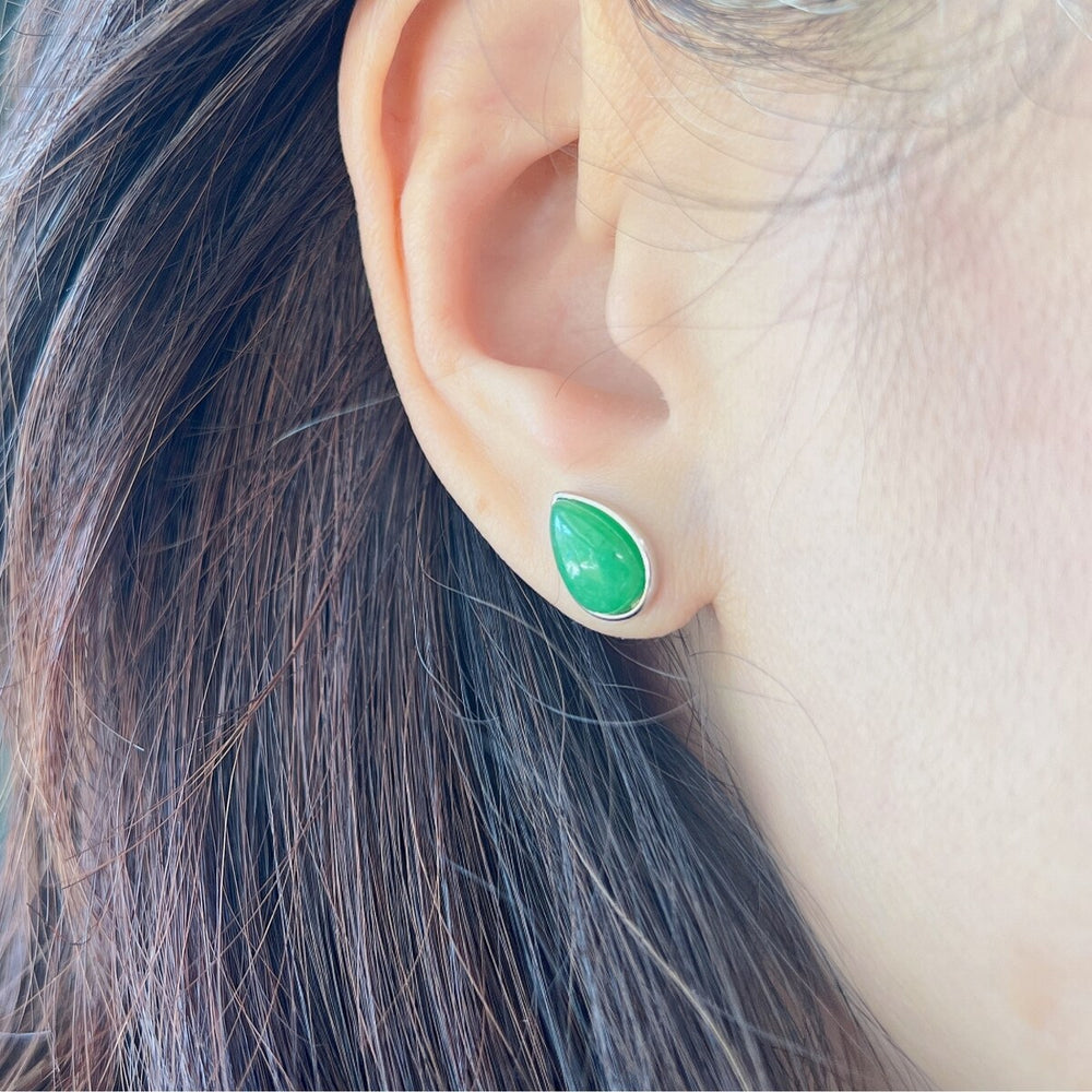 Sterling Silver Button Teardrop Green Jade Post Earring