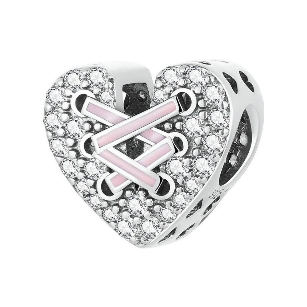 Sterling Silver CZ Pave & Pink Laced Corset Heart Charm