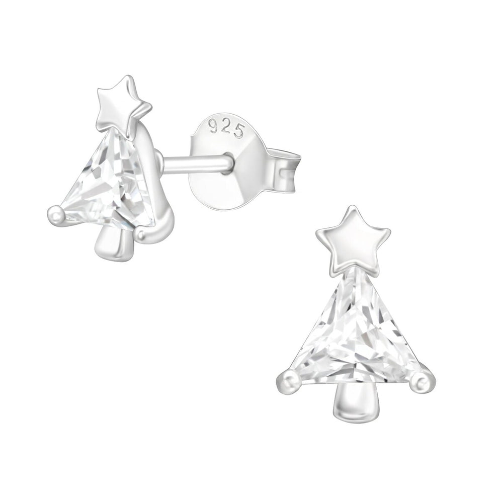 Sterling Silver CZ Triangular Christmas Tree Dainty Stud Earrings