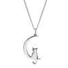 Sterling Silver Cat Crescent Moon Pendant Necklace - White