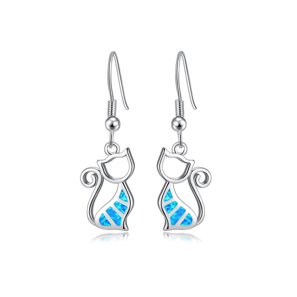 Sterling Silver Cat Drop Earrings with Blue Lab-Created Opal