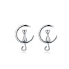 Sterling Silver Cat On Moon Stud Earrings