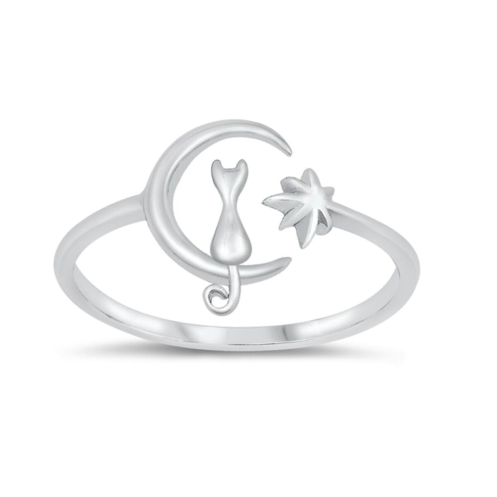 Sterling Silver Cat on Crescent Moon & Star Ring