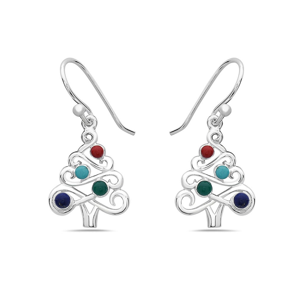 Sterling Silver Christmas Three with Mixed ColorGenuine Stones Dangle Earring