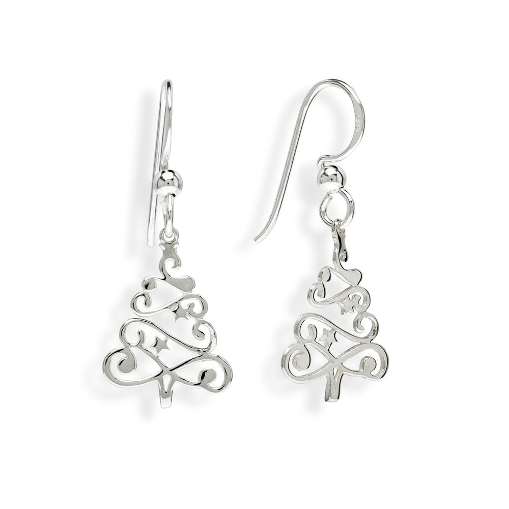 Sterling Silver Christmas Tree Ribbon Drop Earrings