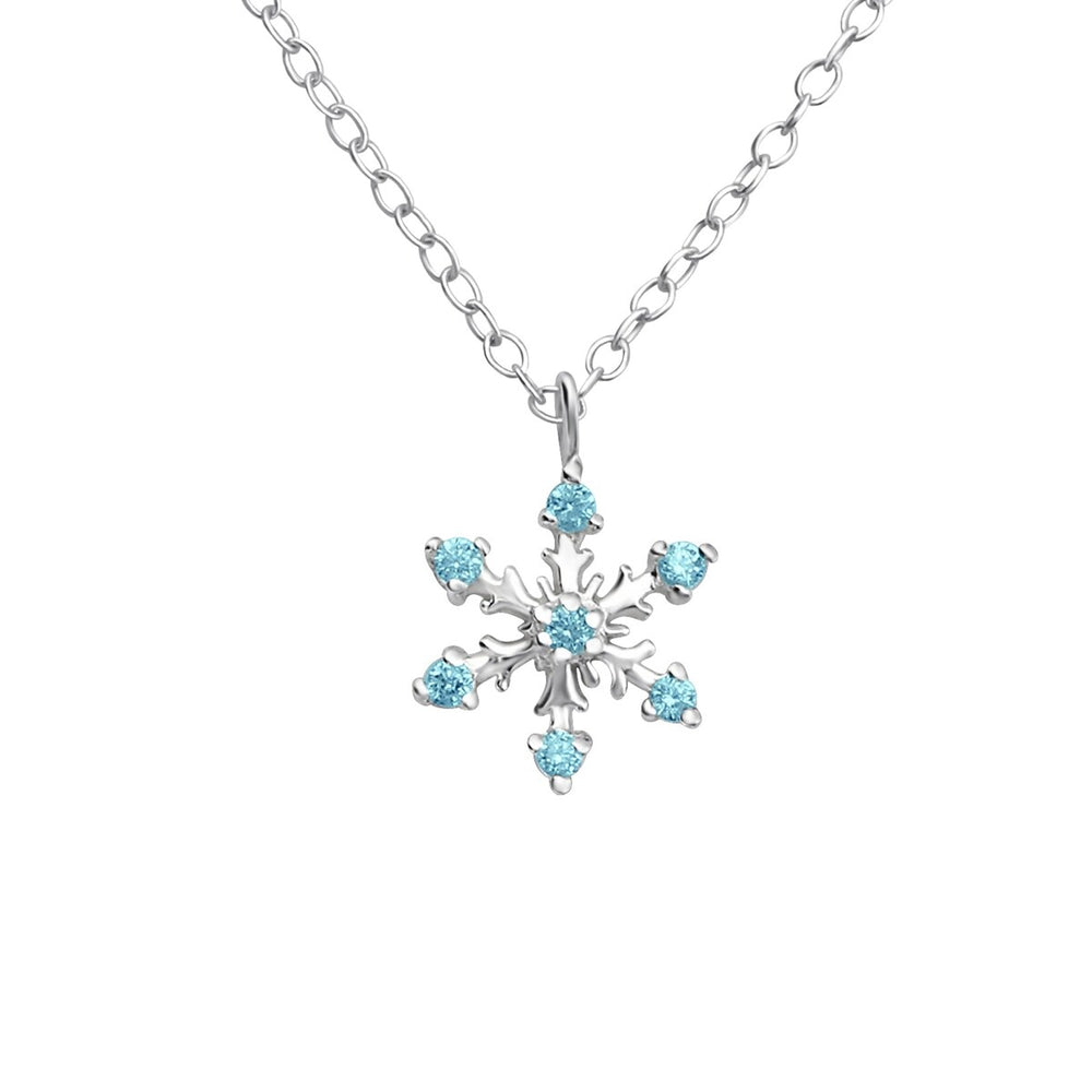 Sterling Silver Classic Aqua CZ Snowflake Pendant Necklace - White