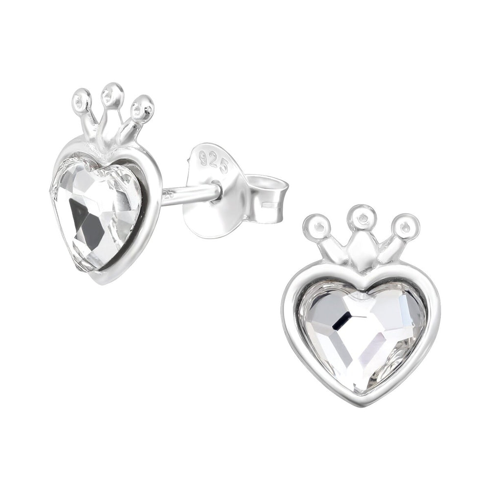 Sterling Silver Clear Cubic Zirconia Heart Crown Stud Earrings