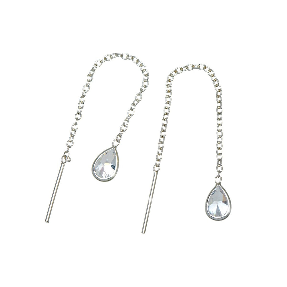 Sterling Silver Clear Cubic Zirconia Teardrop Threader Earrings