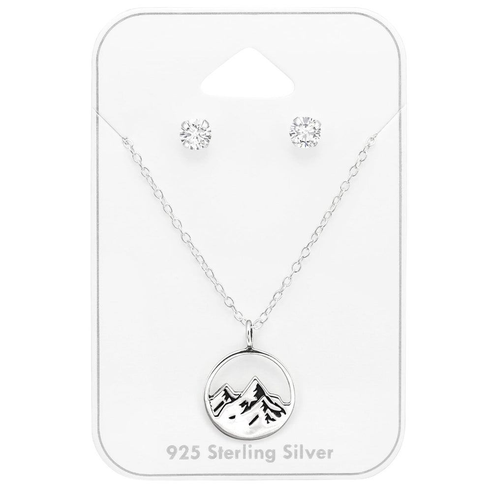 Sterling Silver Clear Cz Stud With Dainty Mountain Pendant Necklace - Ag Sterling - White